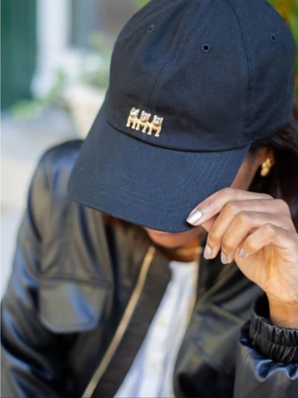 Black Baseball Cap with Gold Cat Accent - Women Accessories